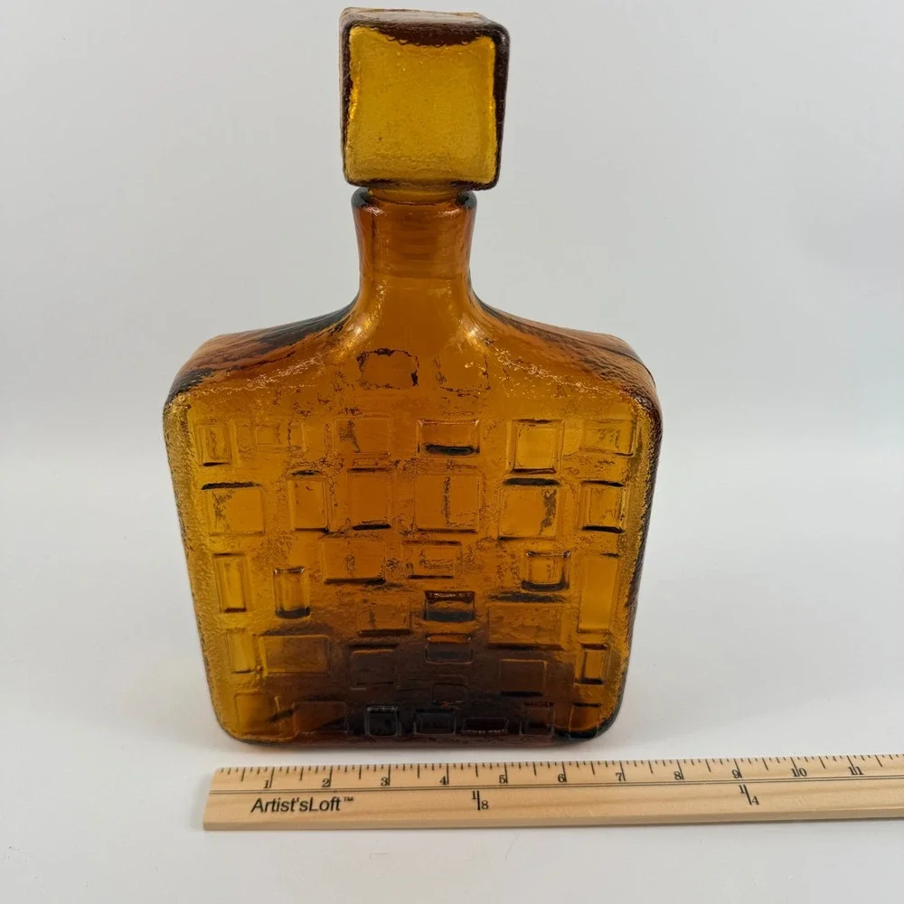 Empoli Brutalist Amber Art Glass Decanter Geometric Bottle Italy MCM